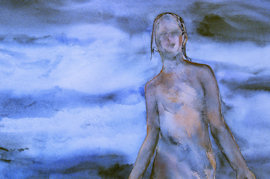 water color woman in front of blue clouds